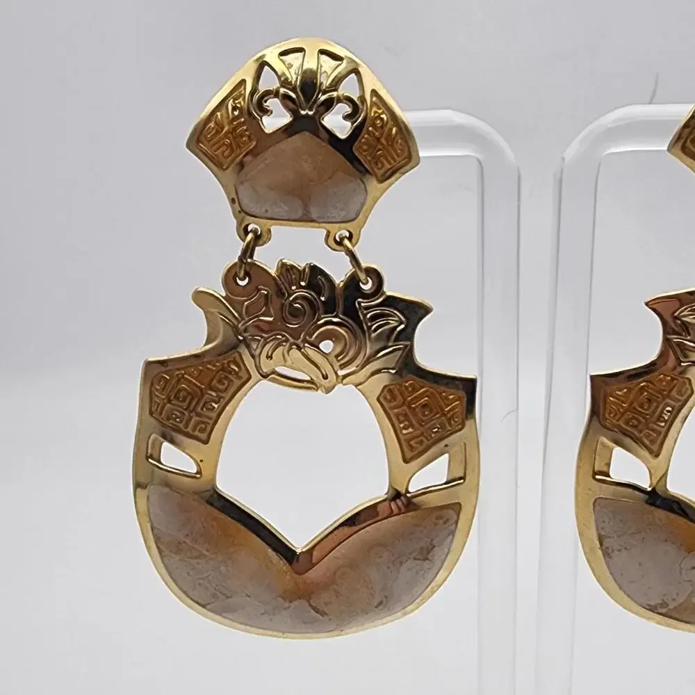 Vintage Berebi Gold Tone, Cream, & Yellow Enamel Dangling Statement Earrings